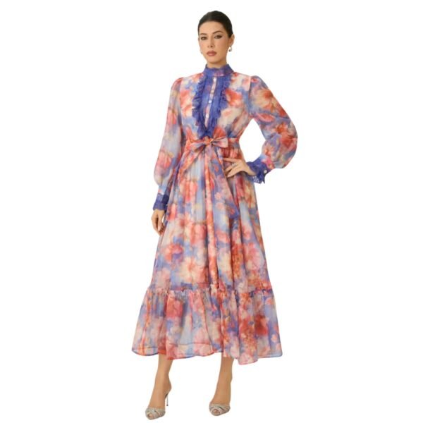 Women's Blue and Coral Floral Print Dress with Lace Ruffles and Puff Sleeves