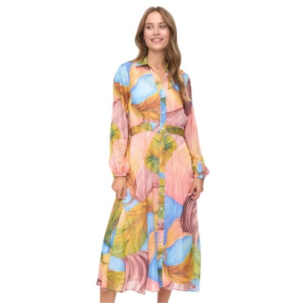 Women's Multi-Color Abstract Print Long Sleeve Shirt Dress - Pink, Blue (1)