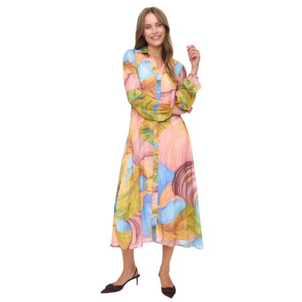 Women's Multi-Color Abstract Print Long Sleeve Shirt Dress - Pink, Blue (2)