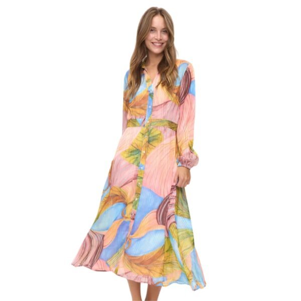 Women's Multi-Color Abstract Print Long Sleeve Shirt Dress - Pink, Blue (4)