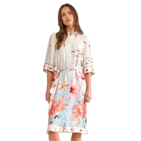 Women's White & Blue Coastal Print Button-Down Shirt Dress with Waist Tie