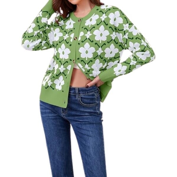 Women's Floral Print Cardigan Sweater Green Button Down Lightweight Knit Cardigan Long Sleeve Casual Fall Winter Layering Top