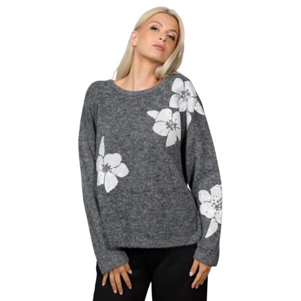 Women's Floral Sequin Knit Sweater – Gray Long Sleeve Crew Neck Pullover