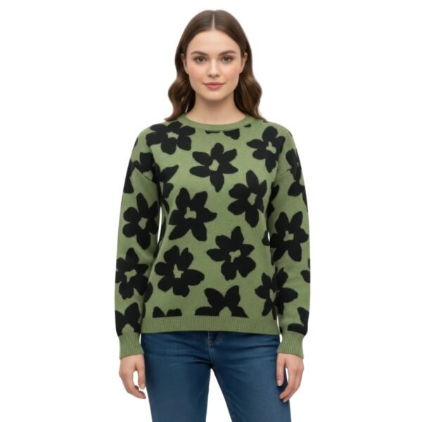 Women’s Olive Green Floral Crew Neck Sweater - Long Sleeve Casual Knit Top